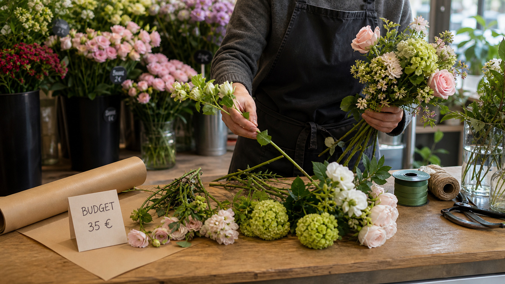 Fleuriste choisissant des fleurs fraîches pour un bouquet au budget indiqué