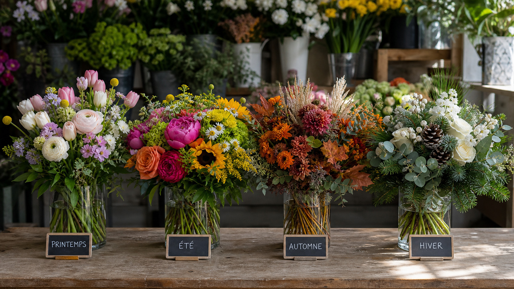 Bouquets de printemps, d'été, d'automne et d'hiver alignés chez un fleuriste