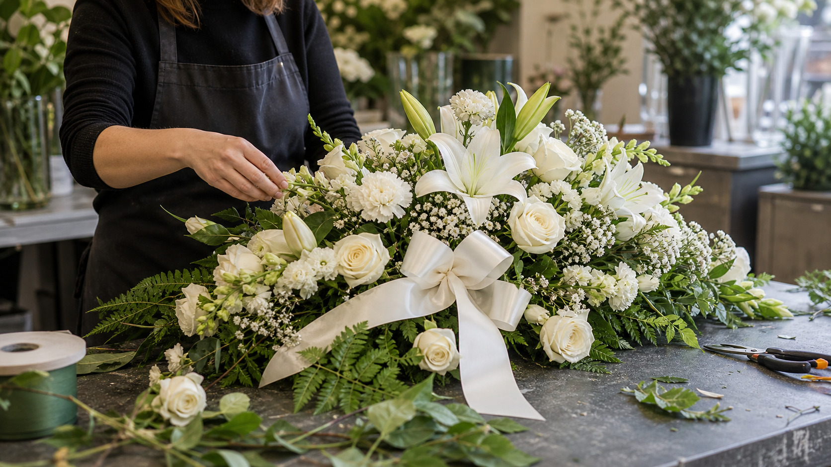 Gerbe de fleurs blanches préparée pour une cérémonie d'obsèques