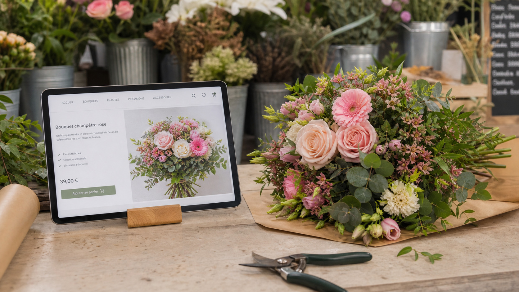 Photo de bouquet sur un site de livraison comparée au bouquet préparé en boutique