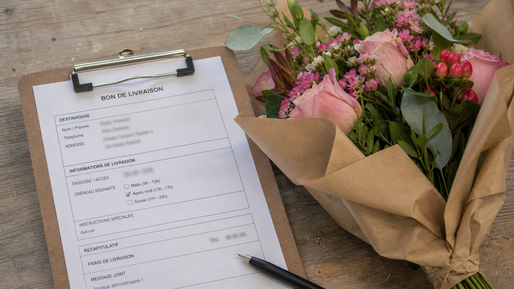 Bon de livraison floral avec adresse, digicode et créneau horaire