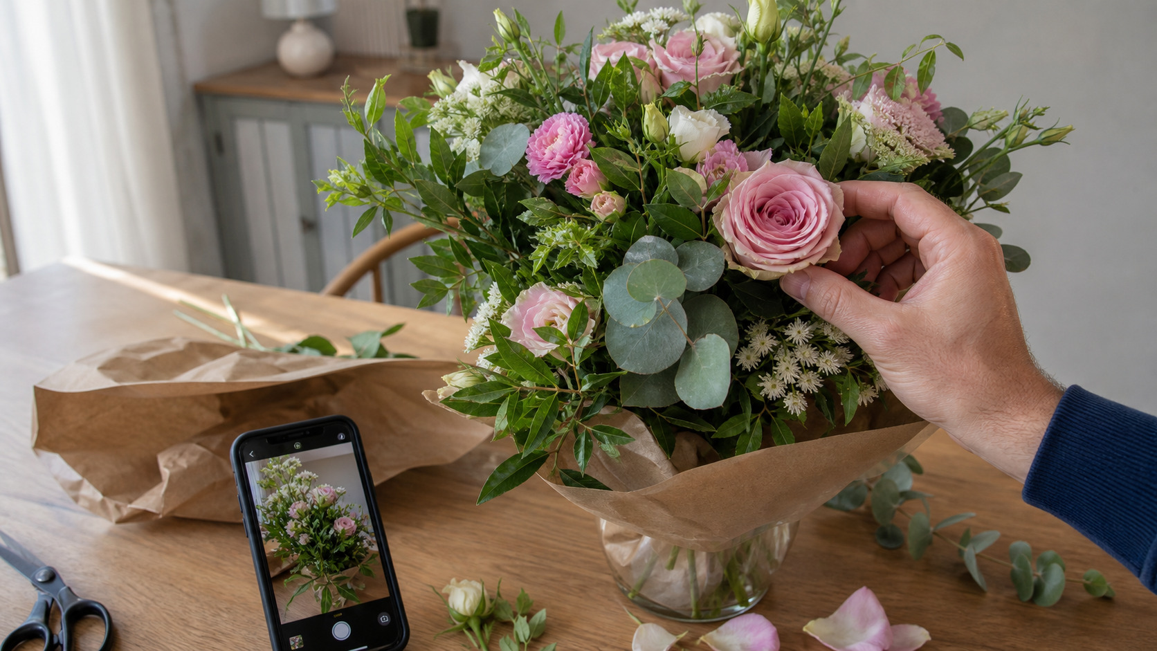 Bouquet livré photographié sur une table pour vérifier sa fraîcheur